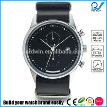 Sport designed watch japan chronograph quartz movement stainless steel case 10ATM water resistance black leather wristband