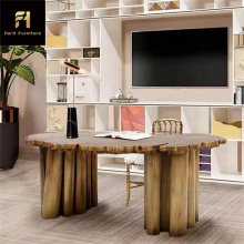 Luxury Irregular Shape CEO Desk with Gold Stainless Steel Pillars and Annual Ring Patterned Top