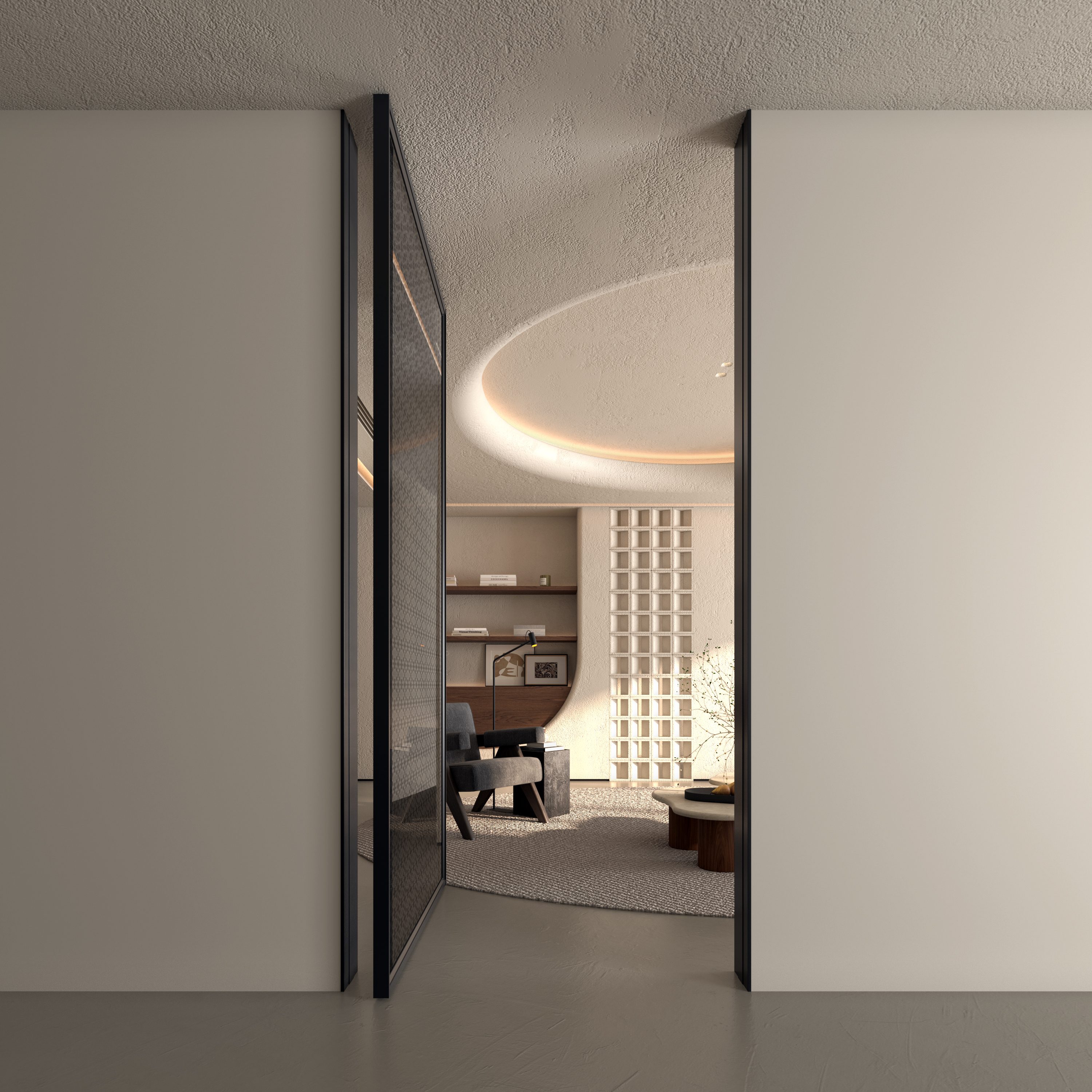 Composição interior de altura total da porta pivotante deslocada