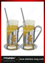 Irish coffee mug and glass cup fruit juice