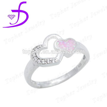2016 wholesale simple heart shaped pink opal ring synthetic pink opal ring with cz