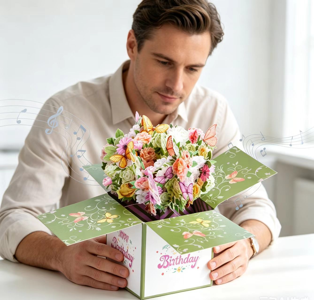 Kartki urodzinowe z kwiatami 3D w zielonym pudełku 3d green box birthday flower cards