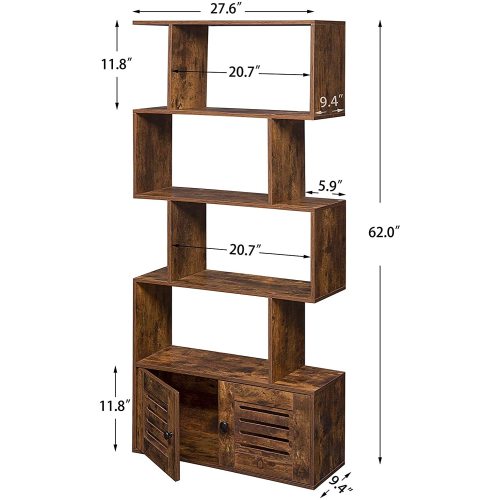 Rustic Brown Geometric Bookcase Wood Bookshelf with Doors