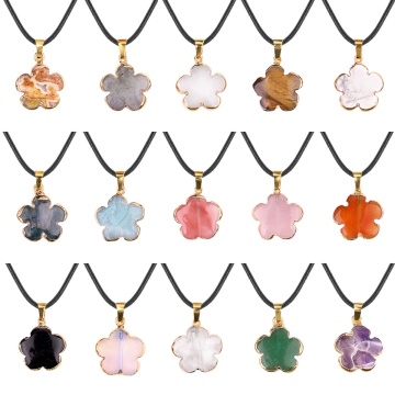 Gemstone 20MM Flower Wrapped Golden Stone Pendant Necklace 45cm Black Cord