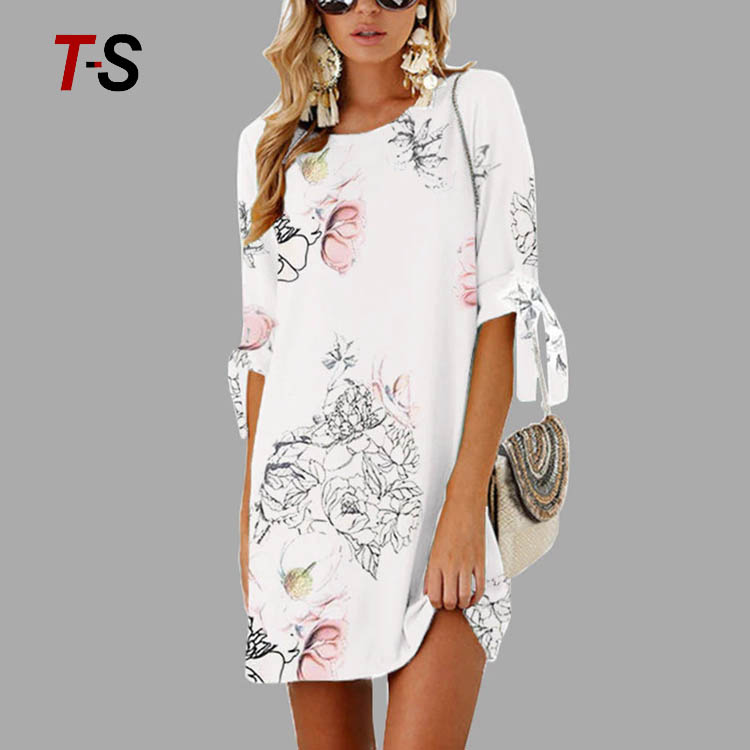 New summer fashion short sleeve print tie round neck dress