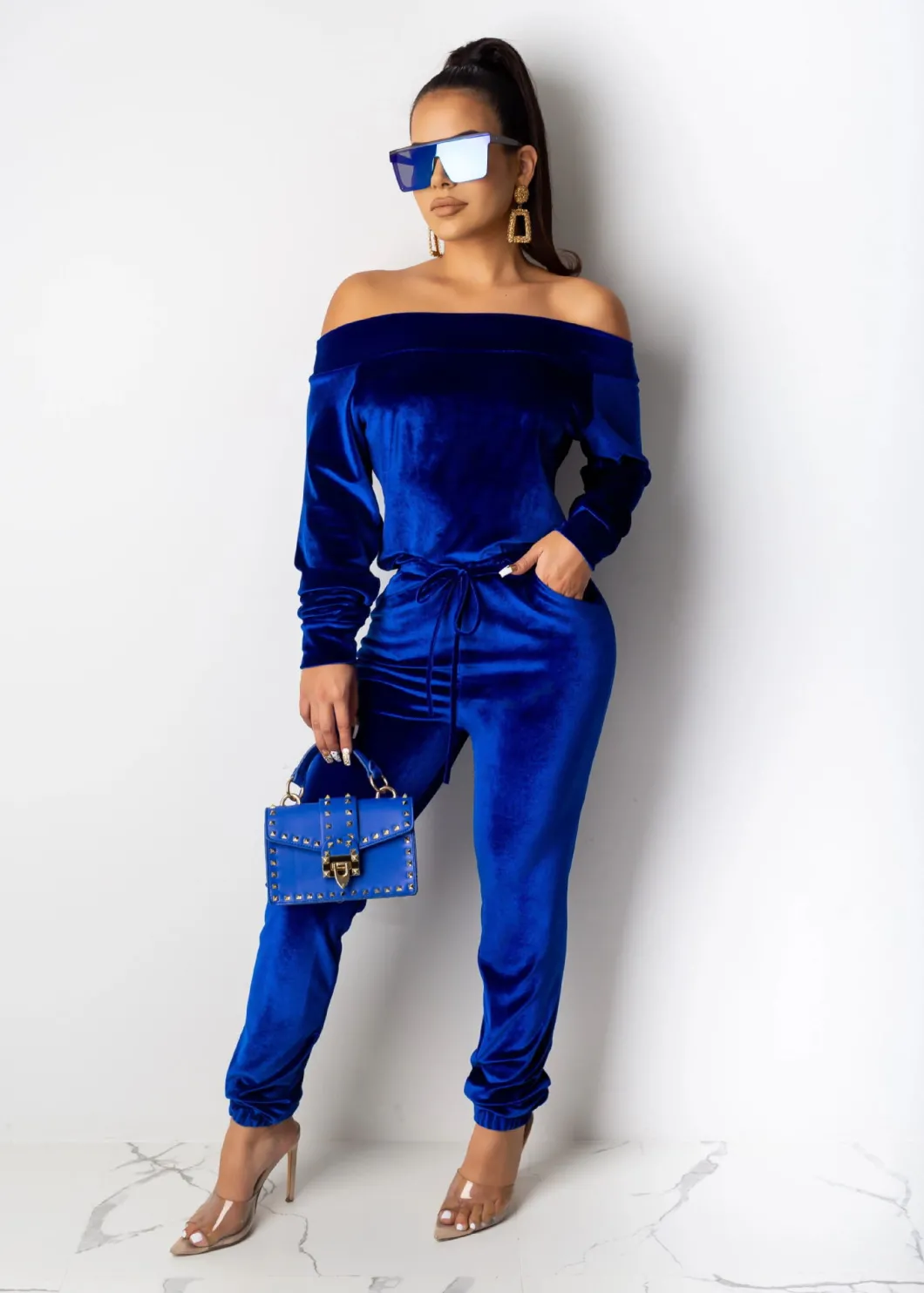 Hot Sell Autumn Fall 2021 Apparel Two Piece Set Women Clothing Velvet Neck Long Sleeve off Shoulder Two Piece Set