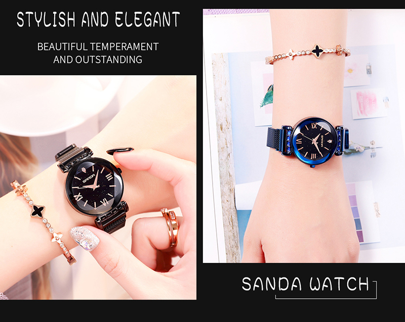 SANDA 1001 Women Fashion Quartz Mesh Strap Watches Charm Ladies Stainless Steel Dress Bracelet Wristwatch