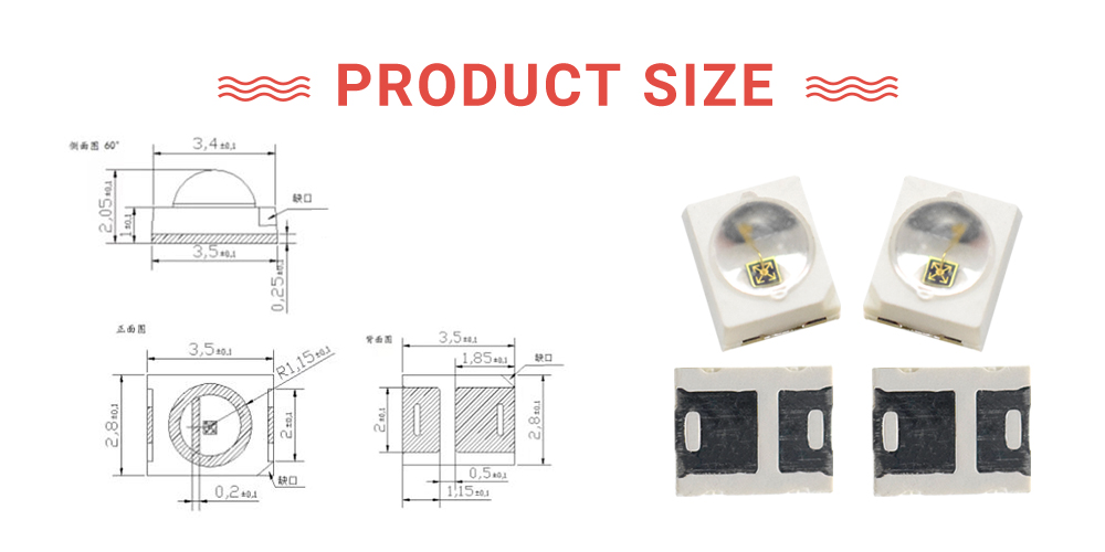 Size of 2835FRC62D3L12A60 High Bright 620nm wavelength LED Dome Lens 60 degree 60mA