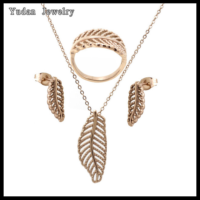 Wholesale Fashion Stainless Steel Leaf Ring Pendant Earring Plated Gold Jewelry Sets