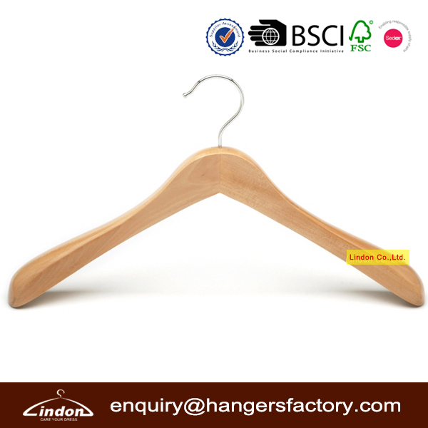 Contoured body natural color wooden coat hanger for boutique