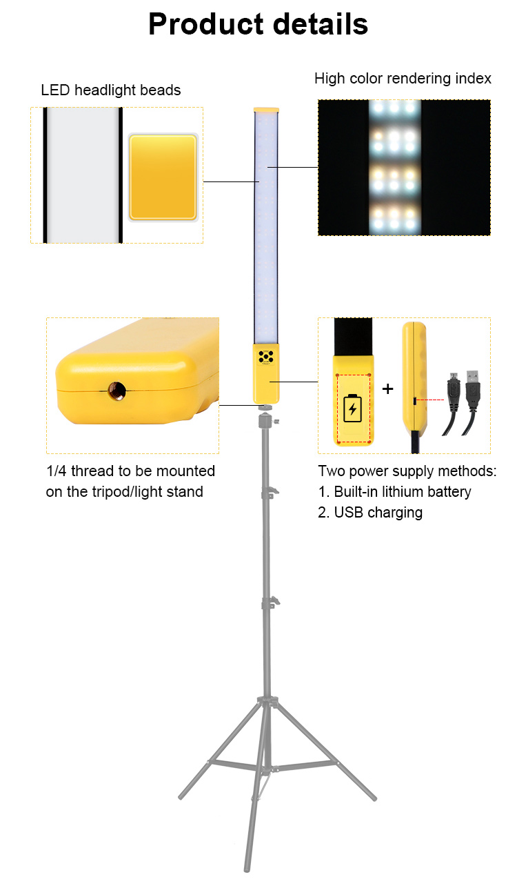 แท่งไฟวิดีโอ LED แบบใช้มือถือ 3000-5700K แบตเตอรี่ในตัวพร้อมสาย USB และกระเป๋าสำหรับสตูดิโอถ่ายภาพ