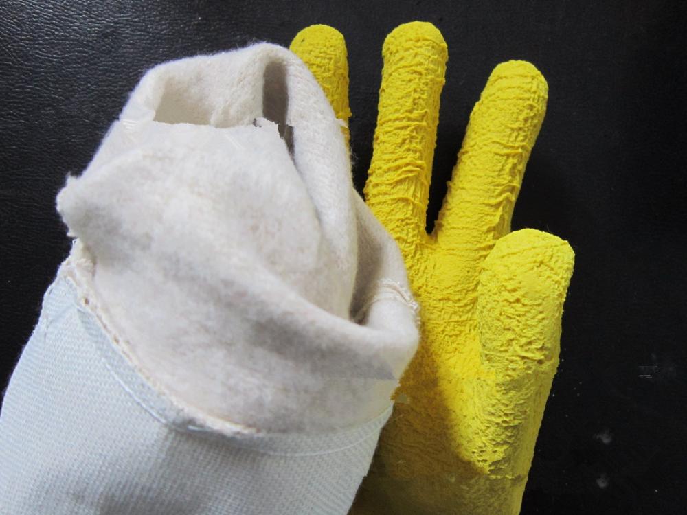 Yellow latex safety cuff gloves with Cotton lining