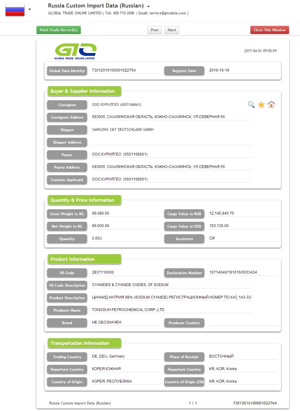 Sodium Cyanide Russja Import Data