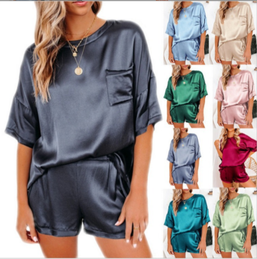 Women Summer Short Sleeve Satin Pajamas