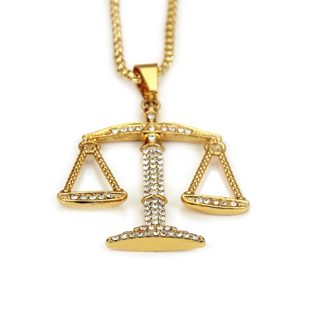 Justice Balance Scales Pendant Necklace Fashion Gold Color Charm Men Women CZ Stone Rhinestone Crystal Hiphop Jewelry Alloy