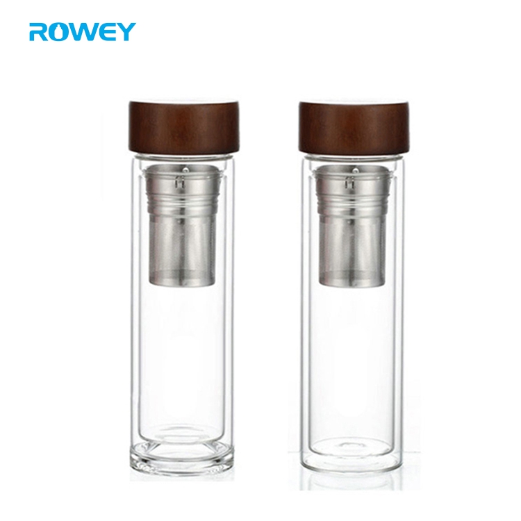 Custom logo 450ml bamboo cover double wall glass water bottle with infuser tea cup glass coffee mugs