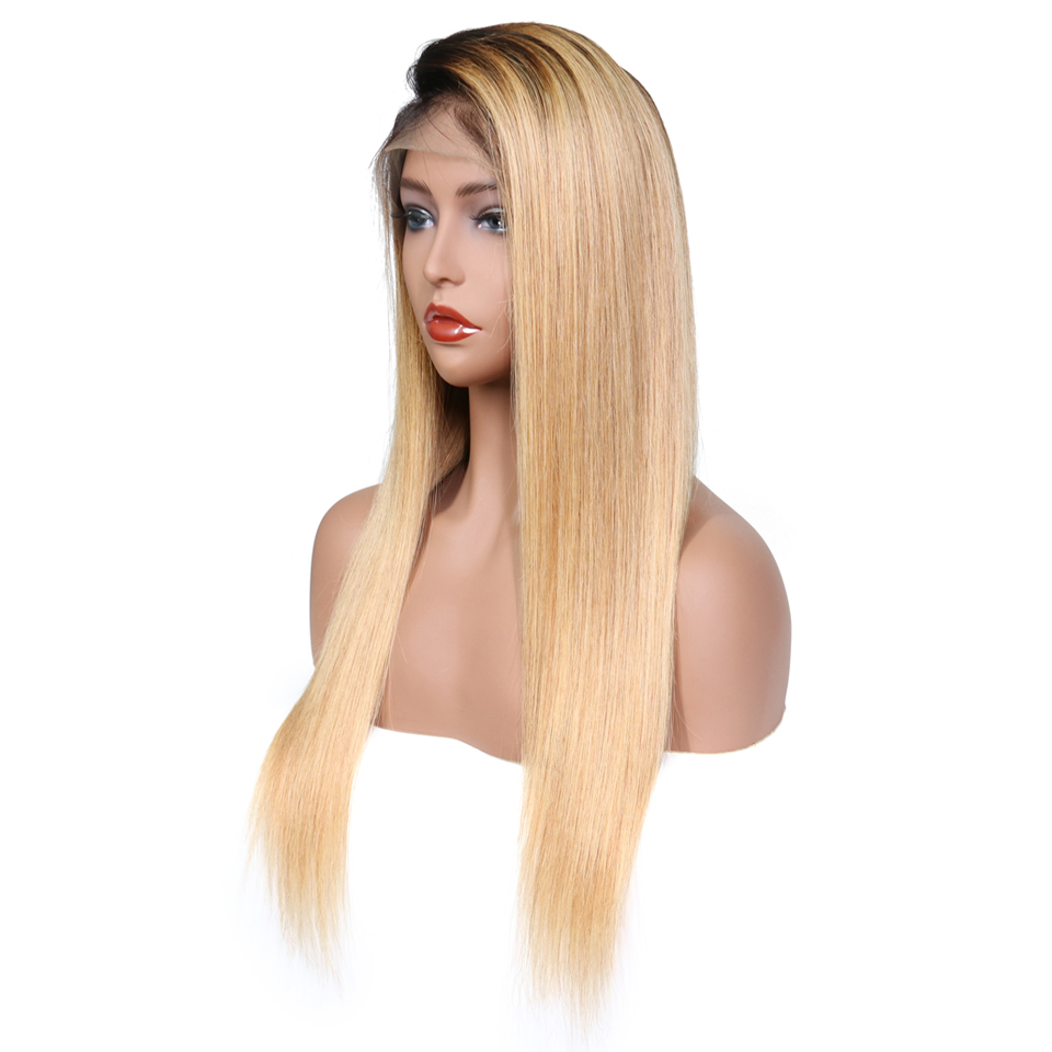 Aligned Hair Brazilian Quantity Silky Straight Style Color 1B 27 ombre Wigs, Lace Front Straight Wigs