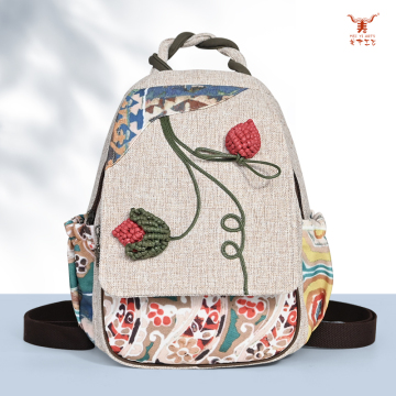 Handwoven Cotton & Linen Backpack Featuring Strawberries