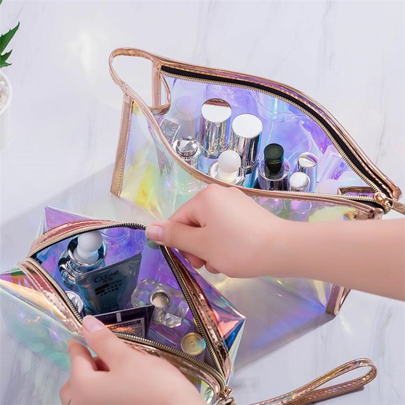 Low MOQ 100PCS Custom Logo New Fashion Transparent Laser Cosmetic Pouch Luxury Print Clear Holographic Makeup Bag