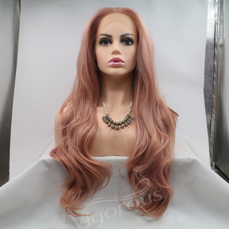 Fashion Idol High Quality Wholesale Long Natural Wavy Mono Pink Fiber Wigs 13*3 Lace Synthetic Hair Curly Making Machine