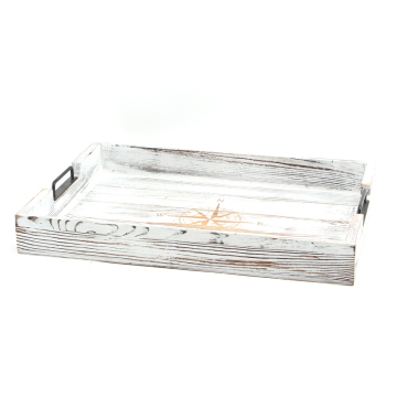 Rustic wooden serving tray with metal handle