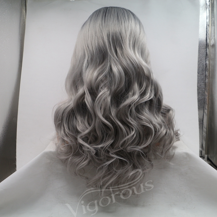 Cheap Suppier Long Water Wave Middle PartHot Sale For Women Heat Resistant Ombre Grey Fiber Synthetic 13*3 Lace Frontal Wig