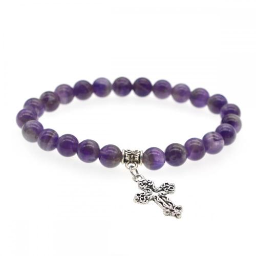 Natural Amethyst Chakra Gemstone 8MM Round Beads Charms Bracelet with Heart Alloy