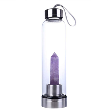 Bouteille d&#39;eau Cadeau de pierres précieuses Points de cristal de quartz rose | Thérapie de méditation Reiki Chakra à 6 facettes, bouteille d&#39;énergie en verre portable