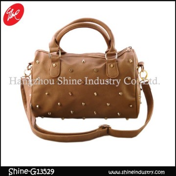 rivets handbag/studded satchel bag/brown duffel bag