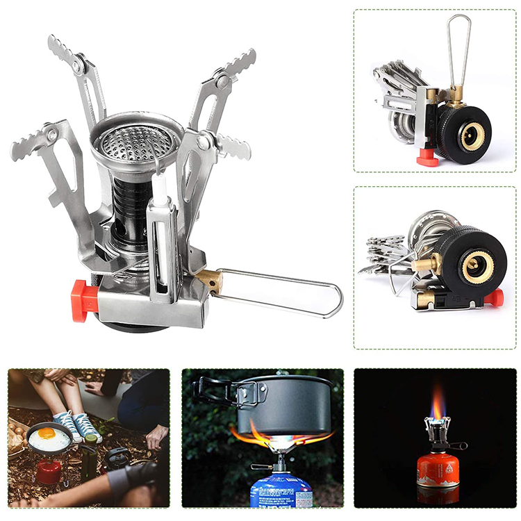 Portable Camping Camp Stove Backpacking Stoves Mini Fuel Burner Outdoor Accessories with Piezo Ignition, Survival Kit