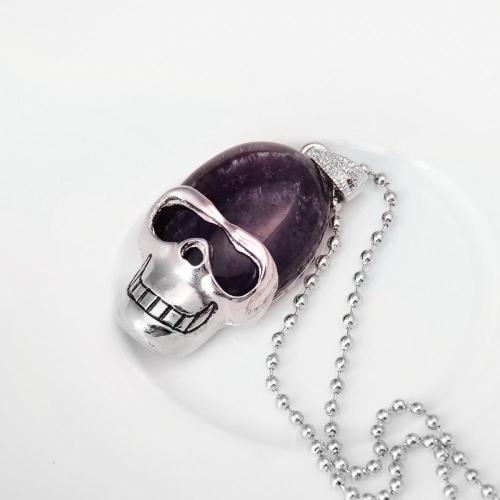 Natural Amethyst Skull Gemstone Pendant Necklace with Silver chain