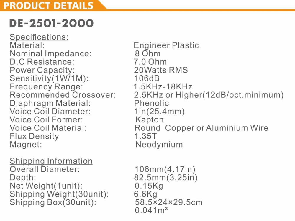 DE-2501-2000 HP-2000 Diafragma fenólico Swiftlet Swallow Sound Caller Tweeter