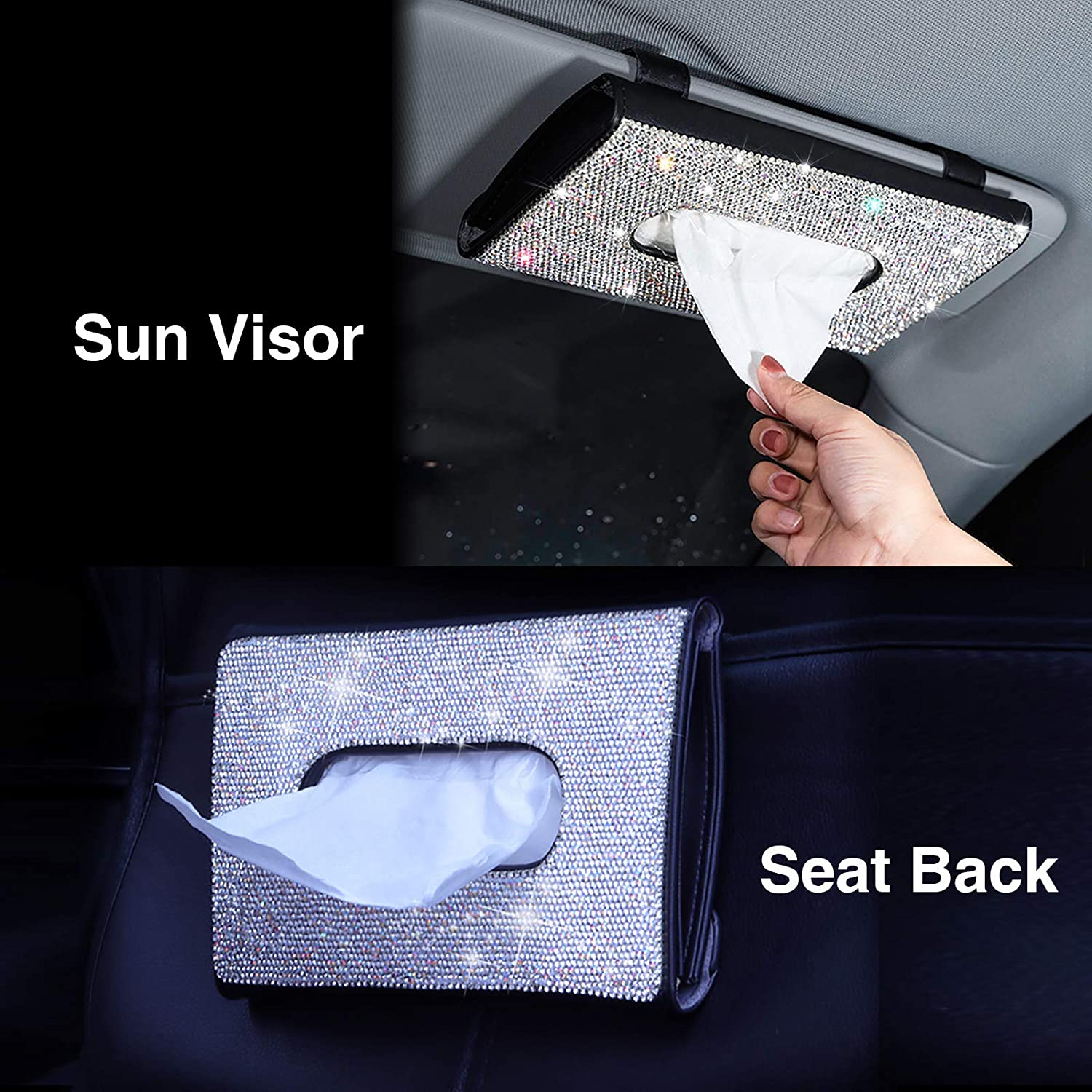 Bling Bling Car Sun Visor Tissue Box Halter Kristall funkelnde Serviettenhalter PU Leder Rückstand Gewebetasche Autozubehör