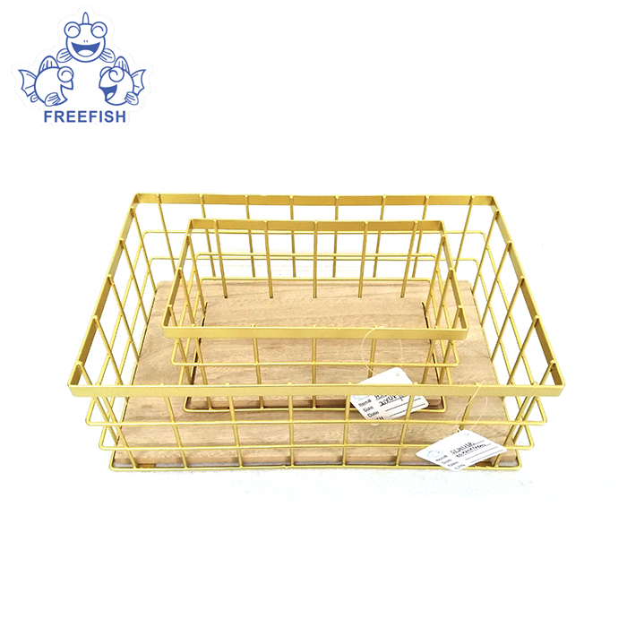 Metal Wire Storage Baskets With Natural Wood Base