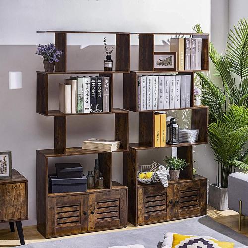 Rustic Brown Geometric Bookcase Wood Bookshelf with Doors