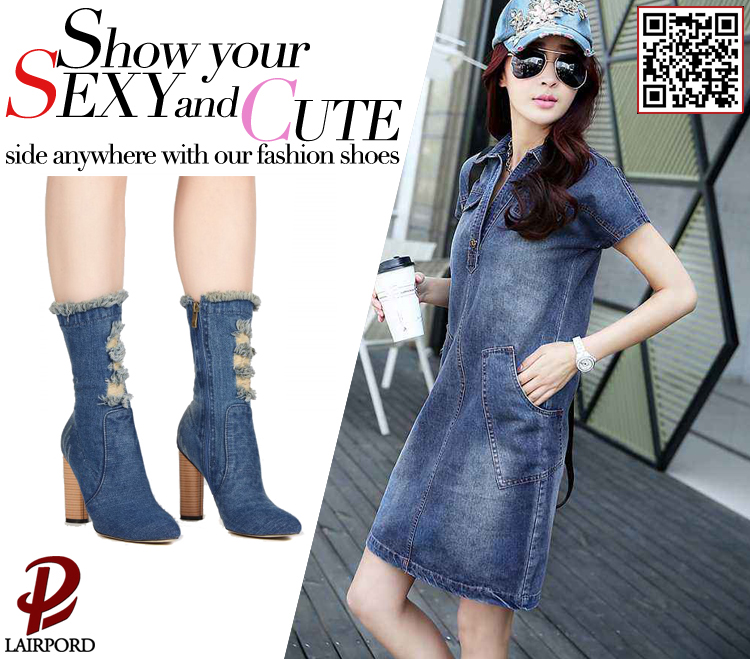 Denim Leather spring Boots Chunky High Heel 