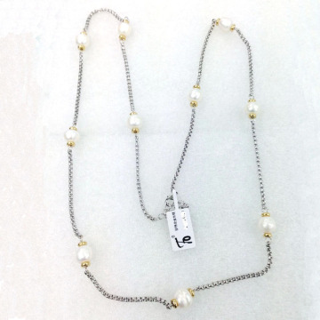 Box Chain Gold Tone Plated White Pearl Necklace