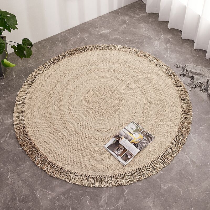 Round Wool Braided Living Room Rug With Tassels