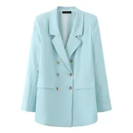 Women Blue Button Turn Down Collar Blazer