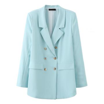 Women Blue Button Turn Down Collar Blazer