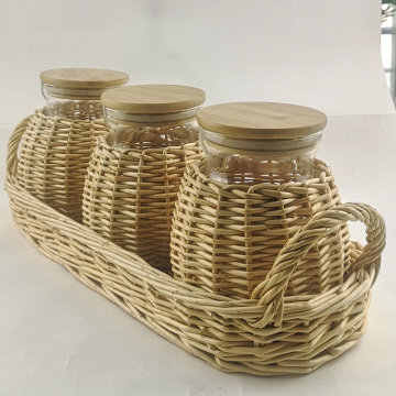 Wicker decorated glass jar with bamboo lid