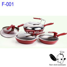 8pcs red forged teflon coating nonstick induction cookware set with standable glass lid