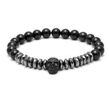 Fashion Black Natural Stone Crystal Bracelet Skull 8mm Bead Stainless Steel Bracelet