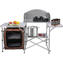 Outdoor Portable Cooking Table: Folding Aluminum Camping Kitchen with Storage Organizer and Windscreen Hooks for BBQ