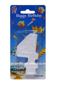 white Number 4 Candle with glitter powder