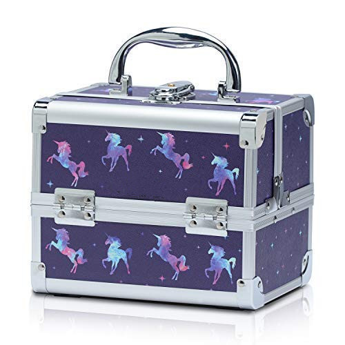 Makeup Train Aluminum Case for Girls Cosmetic Box Jewelry Organizer Storage Trays with Mirror (Unicorn)