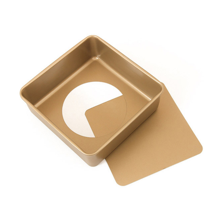 Molde para pasteles cuadrado profundo de acero de 8,5 'con fondo extraíble, dorado (7) 8.5‘Carton Steel Deep Square Cake Pan Wth Removable Bottom-Gold (7)