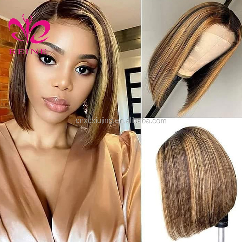 Ombre Highlight Wig 13x4 HD Transparent Lace Front Wig Straight Bob Wig Brown Honey Blonde Short Bob