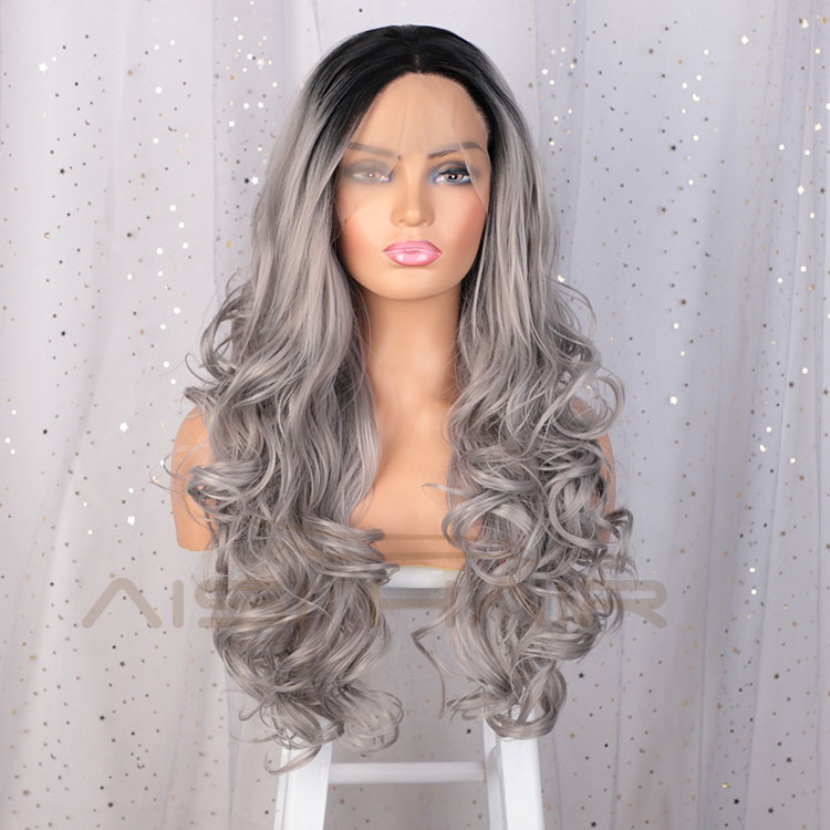 Aisi Hair Cosplay Synthetic Ombre Gray Dark Root Wig Long Wavy Swiss Lace Wig Body Wave Lace Frontal Hair Wigs For Black Women