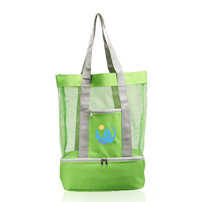 Custom Online Shop Lightweight Zipper Top Mesh Beach Tote Bag With Insulated Picnic Cooler Compartment